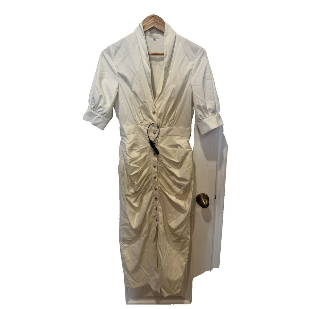 Modesees Ivory Ruched Button Front Puff Sleeve Midi Dress NWT Large